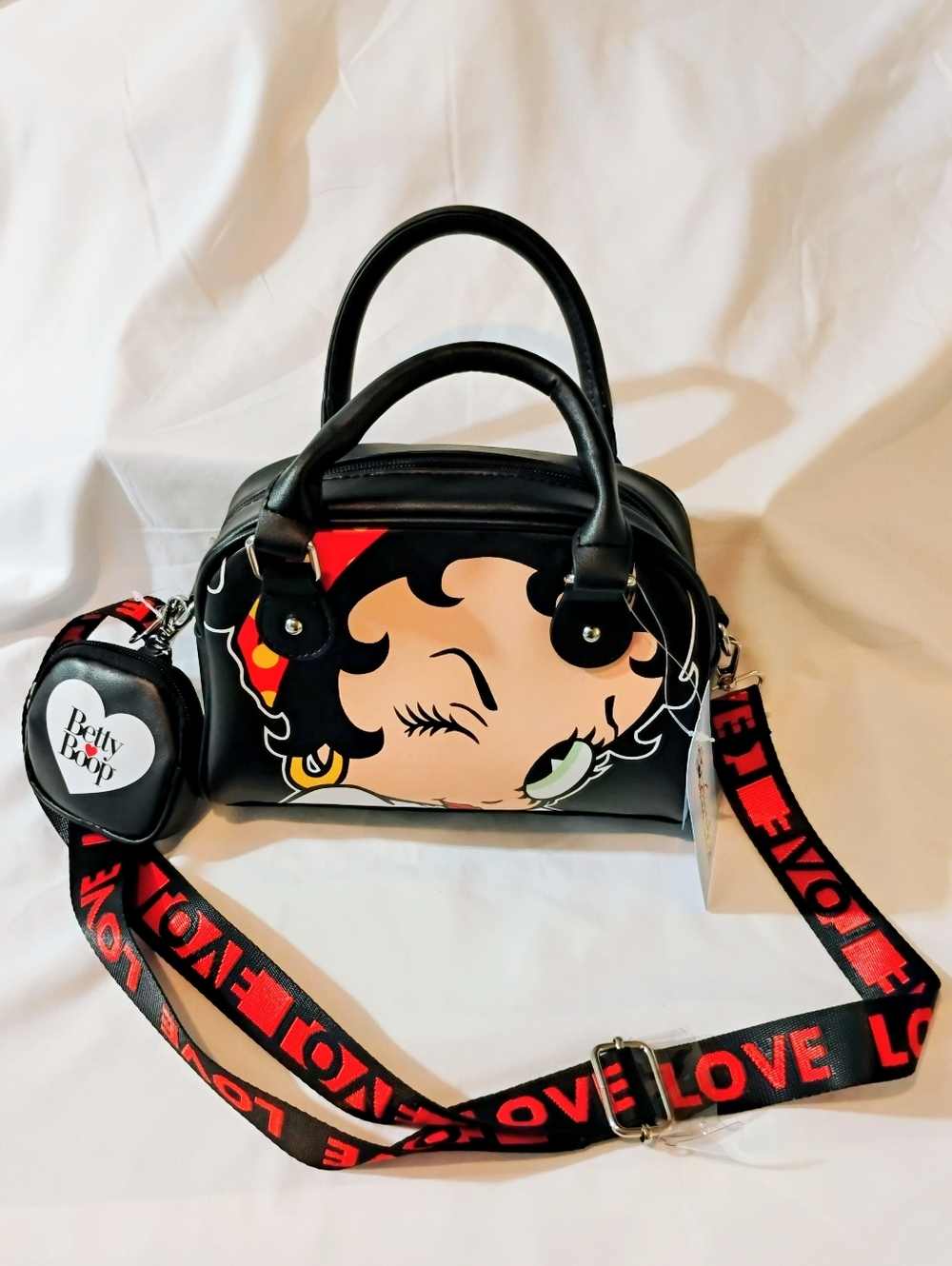 Betty Boop Black Crossbody Bag with Red LOVE Strap